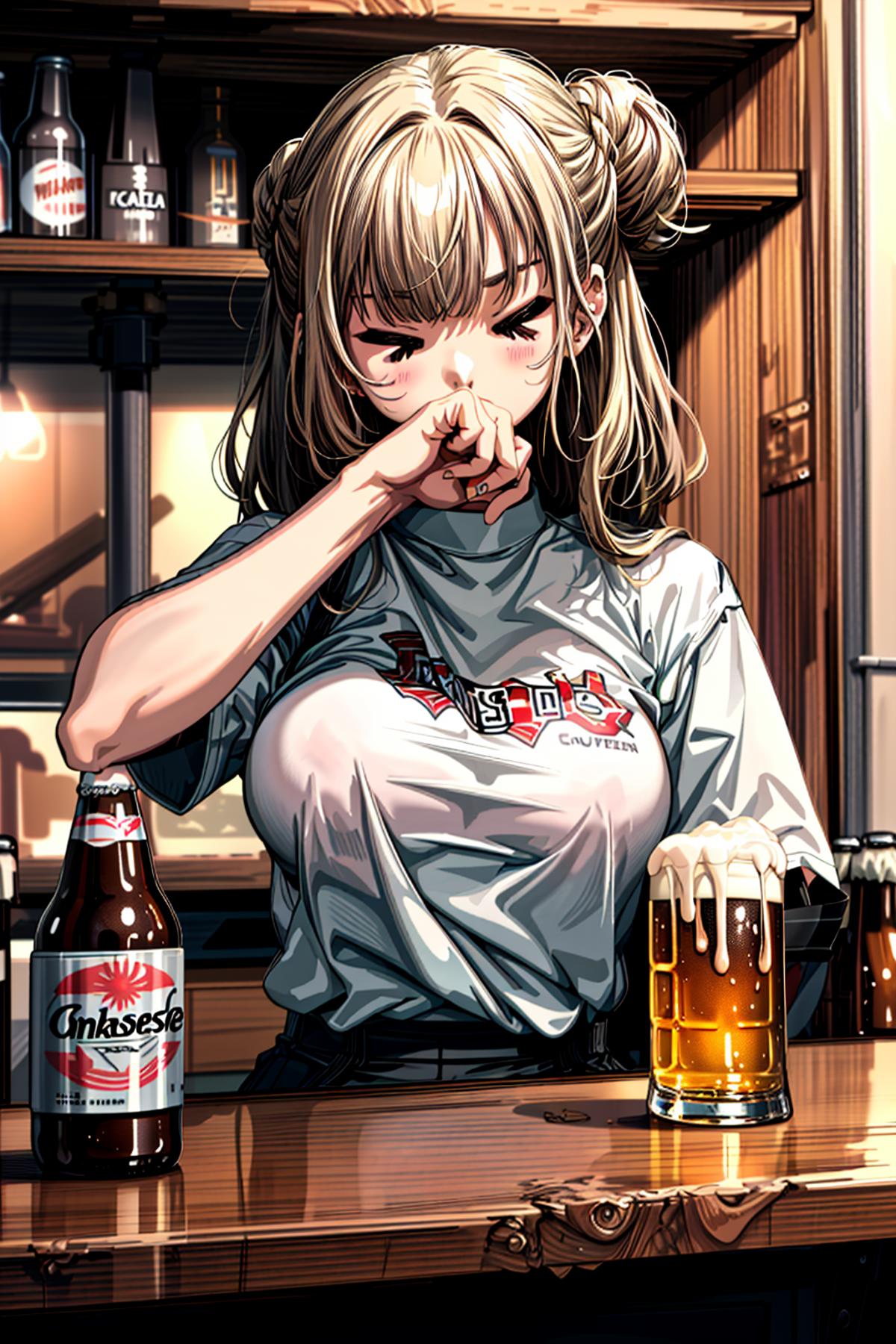 Anime girl holding a beer and looking at her phone.