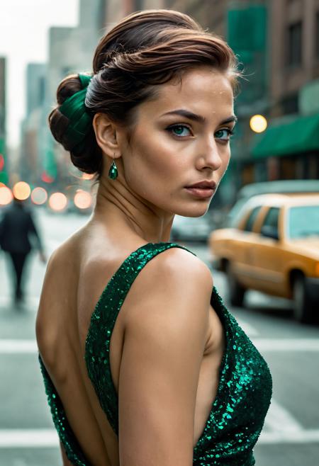 Craft a highly detailed cinematic (full body portrait), capturing the essence of a character in a cinematic setting.
Femme Fatale .
South American .
(Expression: Charismatic and Magnetic .)
Overlay Effect: Pixelated .
Hair Style: Sophisticated Chignon .
Hair Color: Emerald Green .
Eye Color: Brilliant Blue .
Cinematic Survivor .
Ground Setting: Urban cityscape .
(Skin Detail: The skin exhibits ultra-detailed features down to the pores, capturing every nuance and texture with precision.)
Debris Type: Droplets of liquid .
Gravity Defiance: Floating effortlessly like weightless specters .
Atmospheric Ambiance: Flickers of starlight illuminating the scene .
<lora:add-detail-xl:1> <lora:sdxl_offset_example_v10:1>