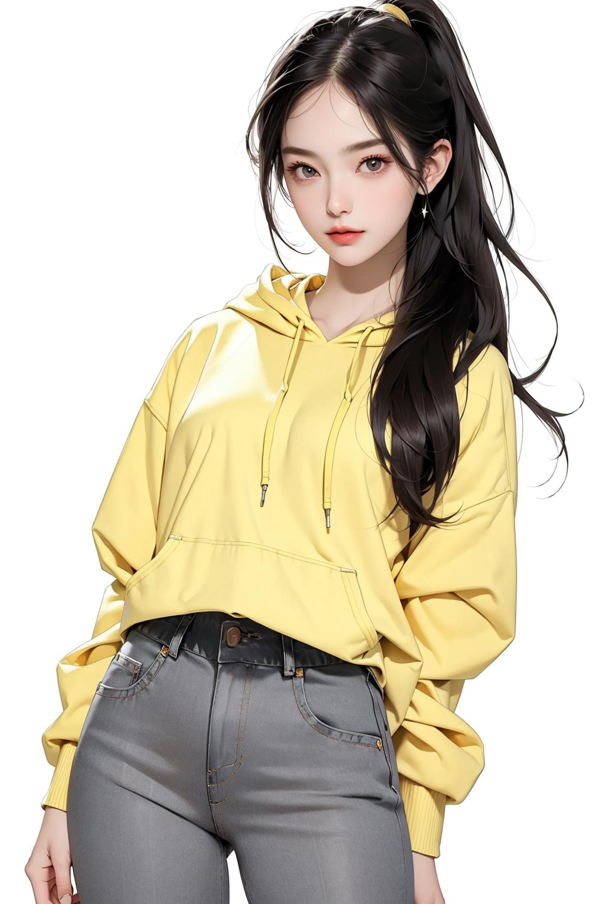 A young girl wearing a yellow hoodie and jeans.