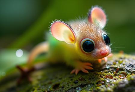 furry little translucent mammal in a rain forest zoomed in, rainbow of light reflection off dew, green and vivid colors, wild fog, large eyes, transparent body, similar to jelly fish