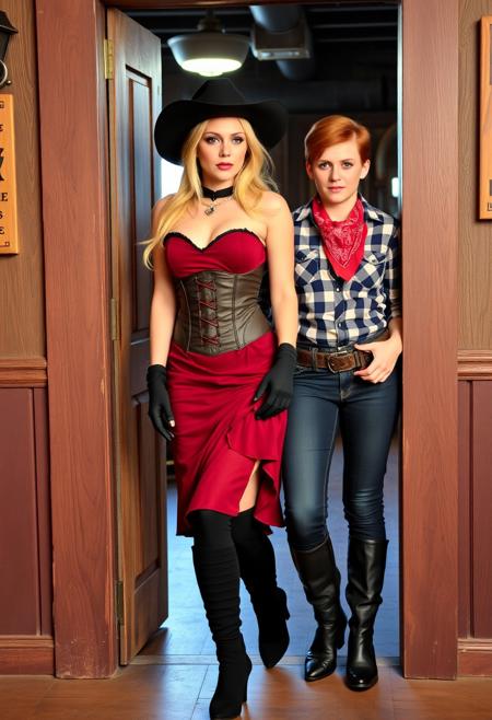 2beautiful women, woman1, 35yo blonde, dressed as a prostitute in 1890 American west, Western Authentic Brothel Babe Costume, Burgundy, with Dress and Corset, black elbow gloves, black ribbed thighhighs, black calf boots, pile high hairdo, makeup, sexy, seductive, inviting. woman2, beautiful, 18yo, dressed as a cowboy, short auburn hair, black cowboy hat, red bandana, blue and white checked shirt, Levis, cowboy boots. woman1 is leading woman2 by hand into a doorway inside a saloon,
