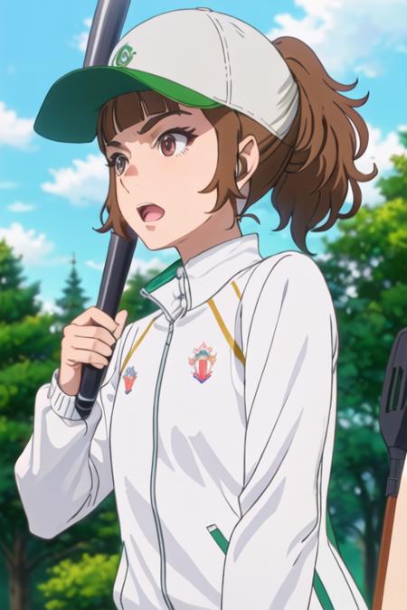 best quality, masterpiece, highres, solo, {saotome_ichina_birdiewinggolfgirlsstory:1.15}, brown_hair, short_hair, ponytail, bangs, open_mouth, brown_eyes, baseball_cap, green_headwear, hat, shirt, white_shirt, 1girl, blue_sky, cloud, collared_shirt, day, sky, anime_coloring, outdoors, upper_body