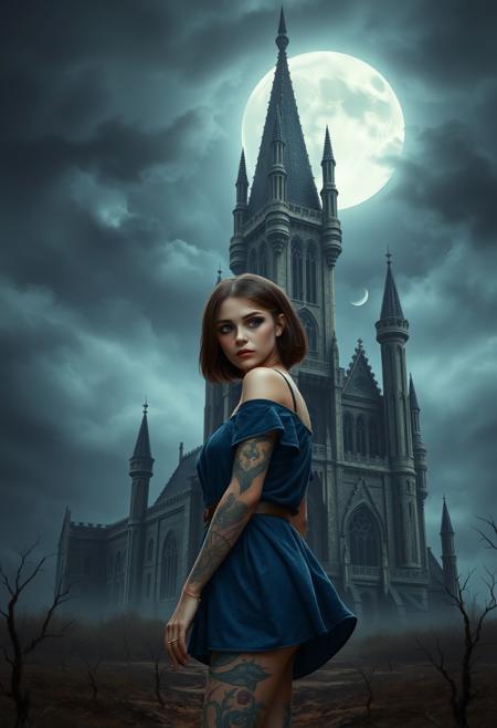 Digital fantasy artwork depicting a woman with fair skin and short, straight, brown hair, she has blue eyes and is wearing heavy makeup, including dark eyeshadow, eyeliner, and pink blush, wearing a short blue tunic revealing mystical tattoos on her arms and legs. She is walking away from a towering, intricately designed gothic castle is set against a dark, stormy sky with a full moon. The castle has a weathered, ancient appearance, giving it a mystical and eerie ambiance. The structure is surrounded by a barren, desolate landscape. The overall mood is dark