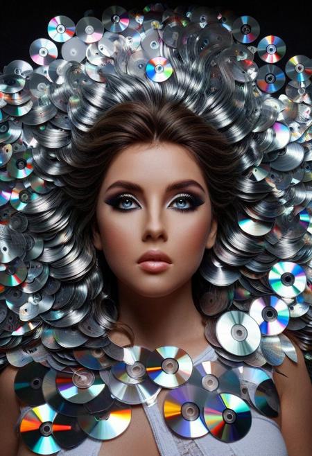 Masterpiece, best quality, cinematic photo 1girl made of cd's