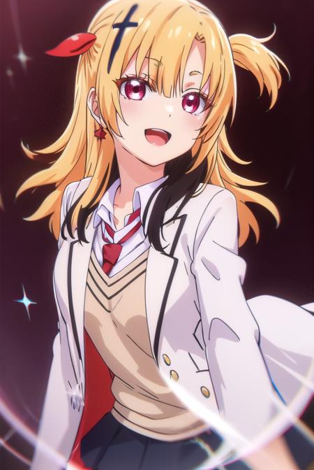 somalilonghaired, <lora:somali longhaired s1-lora-nochekaiser:1>,
somali longhaired, long hair, blonde hair, hair ornament, (red eyes:1.3), two side up, cross hair ornament, smile, open mouth,
BREAK skirt, shirt, thighhighs, jewelry, school uniform, jacket, pleated skirt, earrings, necktie, striped, pants, black skirt, blazer, red necktie, (white jacket:1.5),
BREAK indoors, classroom,
BREAK looking at viewer, (cowboy shot:1.5),
BREAK <lyco:GoodHands-beta2:1>, (masterpiece:1.2), best quality, high resolution, unity 8k wallpaper, (illustration:0.8), (beautiful detailed eyes:1.6), extremely detailed face, perfect lighting, extremely detailed CG, (perfect hands, perfect anatomy),