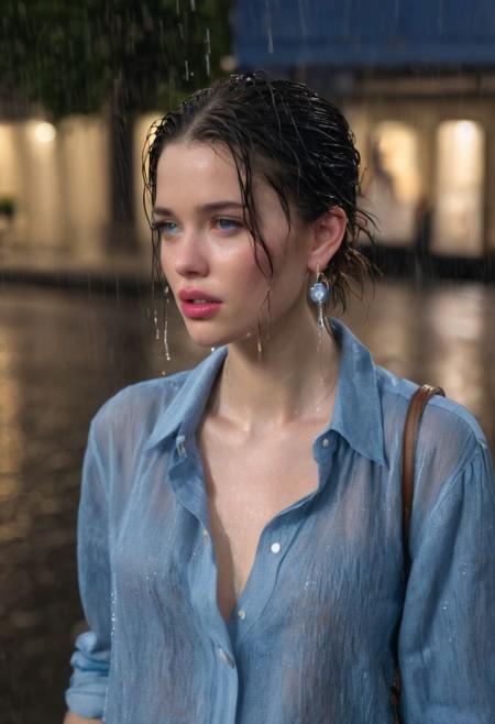 natural makeup look, pink lips, night time, earrings, raining, wet hair, wet clothes, wearing blue linen shirt, top button unbuttoned, shallow depth of field, face focused, standing in streets of Paris, visible cleavage,  from front,
intricate details, detailed background,