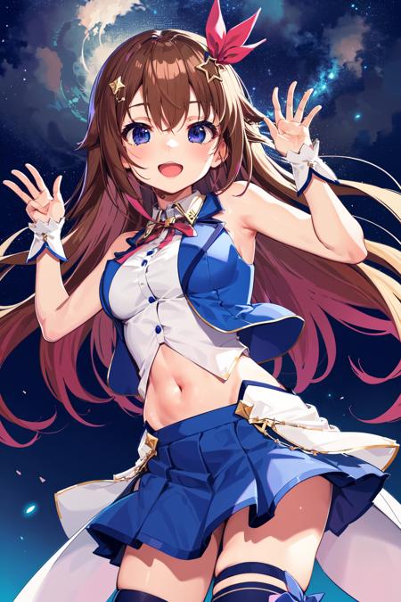 masterpiece, best quality, highres, 1girl, tokino sora, virtual youtuber, skirt, blue vest, shirt, long hair, red ribbon, blue eyes, ribbon, brown hair, sleeveless, cropped shirt, hair flaps, white shirt, hair ornament, sleeveless shirt, thighhighs, blue skirt,  pleated skirt, cropped vest, hair ribbon, vest, navel, blue thighhighs, midriff, miniskirt, wrist cuffs, star hair ornament, thigh ribbon, waist cape, collared shirt, hairclip, crop top, bangs, neck ribbon, leg ribbon, breasts, bare shoulders, <lora:tokino_sora_v2:0.6>, outdoors, waving,