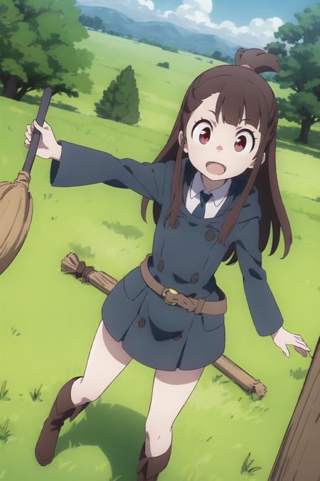 akko, 1girl, solo, open_mouth, boots, arm_up, school_uniform, witch, luna_nova_school_uniform, dress, belt, knee_boots, long_sleeves, teeth, holding, full_body, bow_(weapon), outdoors, weapon, smile, broom, shirt, white_shirt, collared_shirt, wide_sleeves, witch_hat, looking_up, broom_riding, tree, hood, sky, hood_down, flying, standing, nature, neck_ribbon, ribbon, upper_teeth_only, day, round_teeth, :d, from_above, forest, cloud, looking_at_viewer, anime_coloring, holding_bow_(weapon), pale_skin, wand, outstretched_arm, holding_weapon, black_footwear