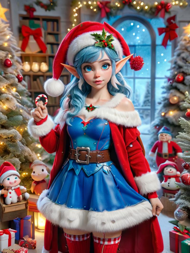 A blue elf with a Santa suit and a belt.