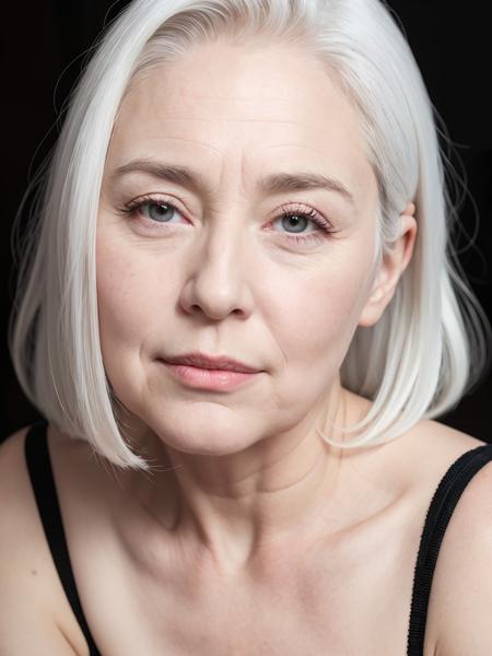 highly detailed photo, realistic, absurdres, highly detailed skin, photorealistic, highres, white hair, pale skin, white, fair complexion, mature woman, english, chubby, portrait photo