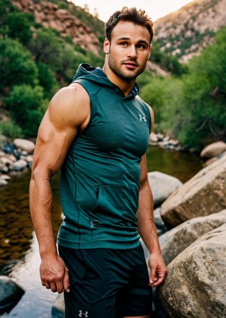 photo of Ryan Guzman a man <lora:Ryan-Guzman:1>, wearing a sleeveless well-fitted under armour hoodie and compression shorts, standing on a boulder, outdoor trail, 35mm photograph, film, bokeh, professional, 4k, highly detailed, creek in the background, natural lighting, golden hour