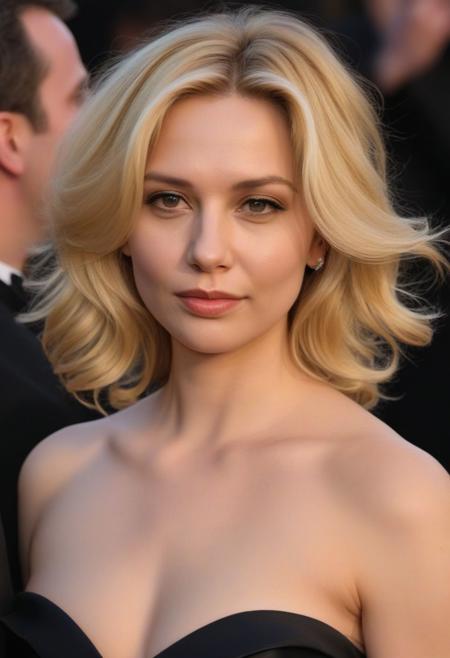 Sexy 30yo female, film star, wild blonde hair, black evening dress rounded strapless neckline and an elegant layered molten detail at the waist.