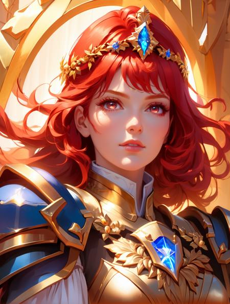 (masterpiece, best quality), anime, anime style, illustration,  , of a female, dressed as a Paladin guard <lora:RPGGuard:.9>, with red hair, with a female , wearing a wreath, close-up, sat, concept art, cinematic, volumetric lighting, highly detailed, 8k