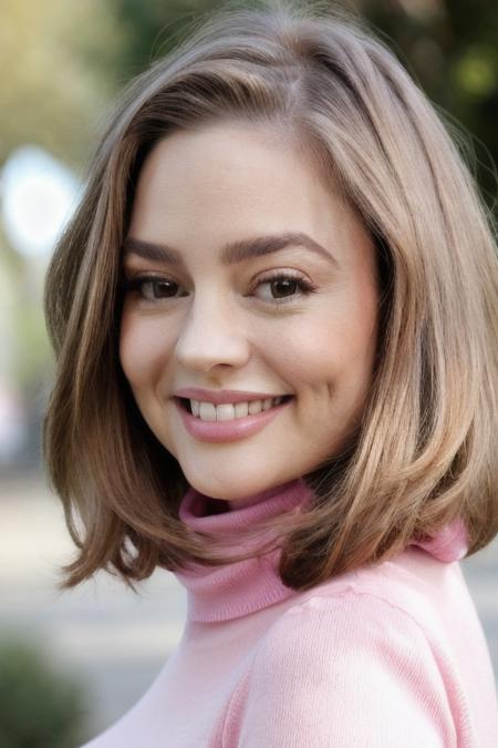 Portrait of beautiful m4rym00dy woman, detailed face, smiling, (blurred background)+, pink turtleneck blouse, in a park