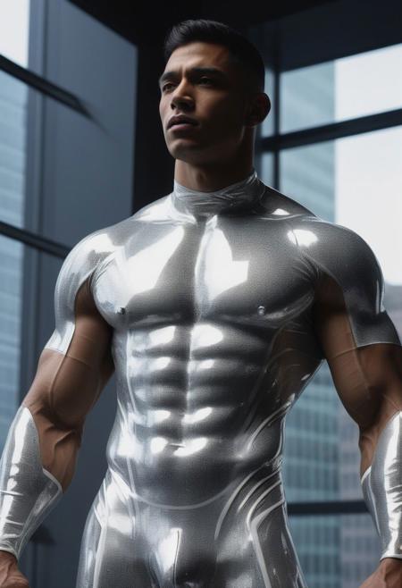 two strong slender 24-year-old latino bodybuilder  males, with a short curtains haircut, detailed face, confused expressions, wearing a skin tight white transparent latex cybernetic suits with light-gray, silver and gold latex details, wearing skin tight transparent white latex jockstraps over his transparent  latex suits, standing at attention posture,  on a modern university, looking to the camera, detailed face, Cinematic, Photoshoot, Shot on 25mm lens, Depth of Field, Tilt Blur, Shutter Speed 1/1000, F/22, White Balance, 32k, Super-Resolution, Pro Photo RGB, Half rear Lighting, Backlight, Dramatic Lighting, Incandescent, Soft Lighting, Volumetric, Conte-Jour, Global Illumination, Screen Space Global Illumination, Scattering, Shadows, Rough, Shimmering, Lumen Reflections, Screen Space Reflections, Diffraction Grading, Chromatic Aberration, GB Displacement, Scan Lines, Ambient Occlusion, Anti-Aliasing, FKAA, TXAA, RTX, SSAO, OpenGL-Shader s, Post Processing, Post-Production, Cell Shading, Tone Mapping, CGI, VFX, SFX, insanely detailed and intricate, hyper maximalist, elegant, dynamic pose, photography, volumetric, ultra-detailed, intricate details, super detailed, ambient
