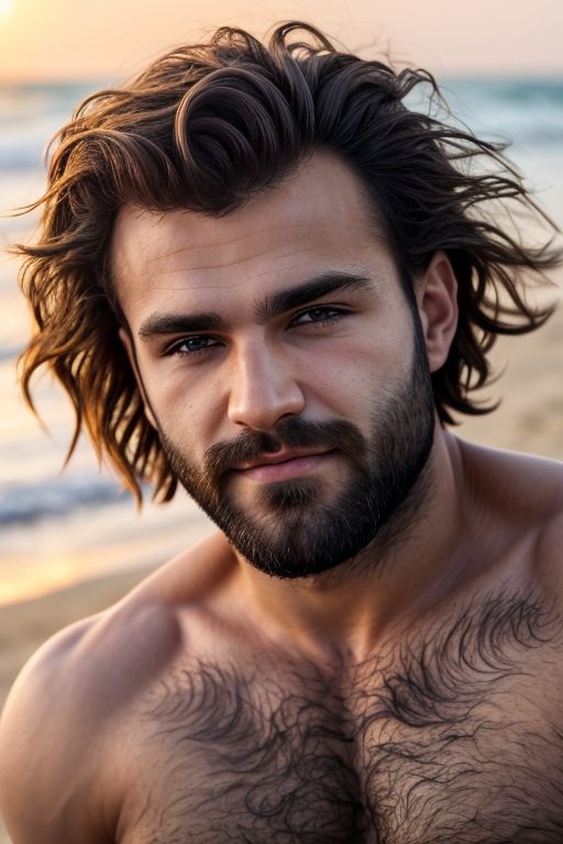 A close-up photo of a handsome hairy fit romanian man, on the beach, looking the viewer, sunrise, wave hair