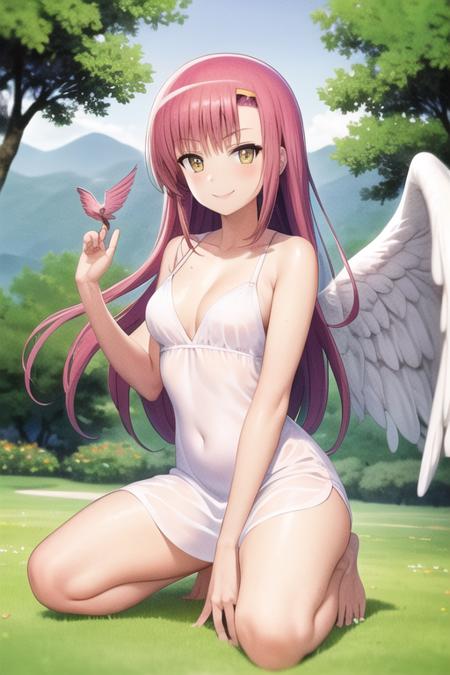 masterpiece, best quality, hinagiku katsura,  pink hair, yellow eyes, white dress, barefoot, medium breasts, wings, angel, angel wings, outdoors, day, smile, <lora:HinagikuV2:0.8>