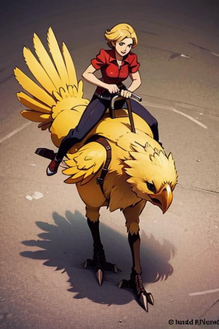 woman, (riding:1.2), chicken, chocobo, bird <lyco:Chocobo_Lycoris_B:0.8> running, (biped:1.2). from above