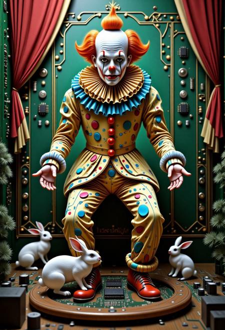 masterpiece, absurdres, a circus clwon wearing a  TzigoCBS clown costume is scaring rabbits, Jeddtlv3, high quality, ultra detailed, colorful, abstract, fantasy, photo realistic, 4k, Fantastic lighting. Detailed shadows. intricate details, vivid colors, hyper-detailed, ultra-sharp, 8k , HDR+. The style is ultra-realistic with a touch of surrealism, dreamy atmosphere, and unique textures. ,
