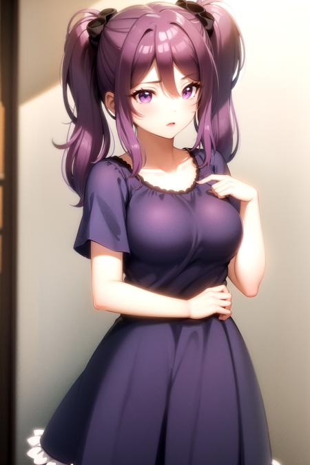 <lora:leone_eiyuu_v1_resize_fro096:1> leone_olis, purple hair, purple eyes, 1girl, solo, twintails, hair scrunchie, purple dress, short sleeves