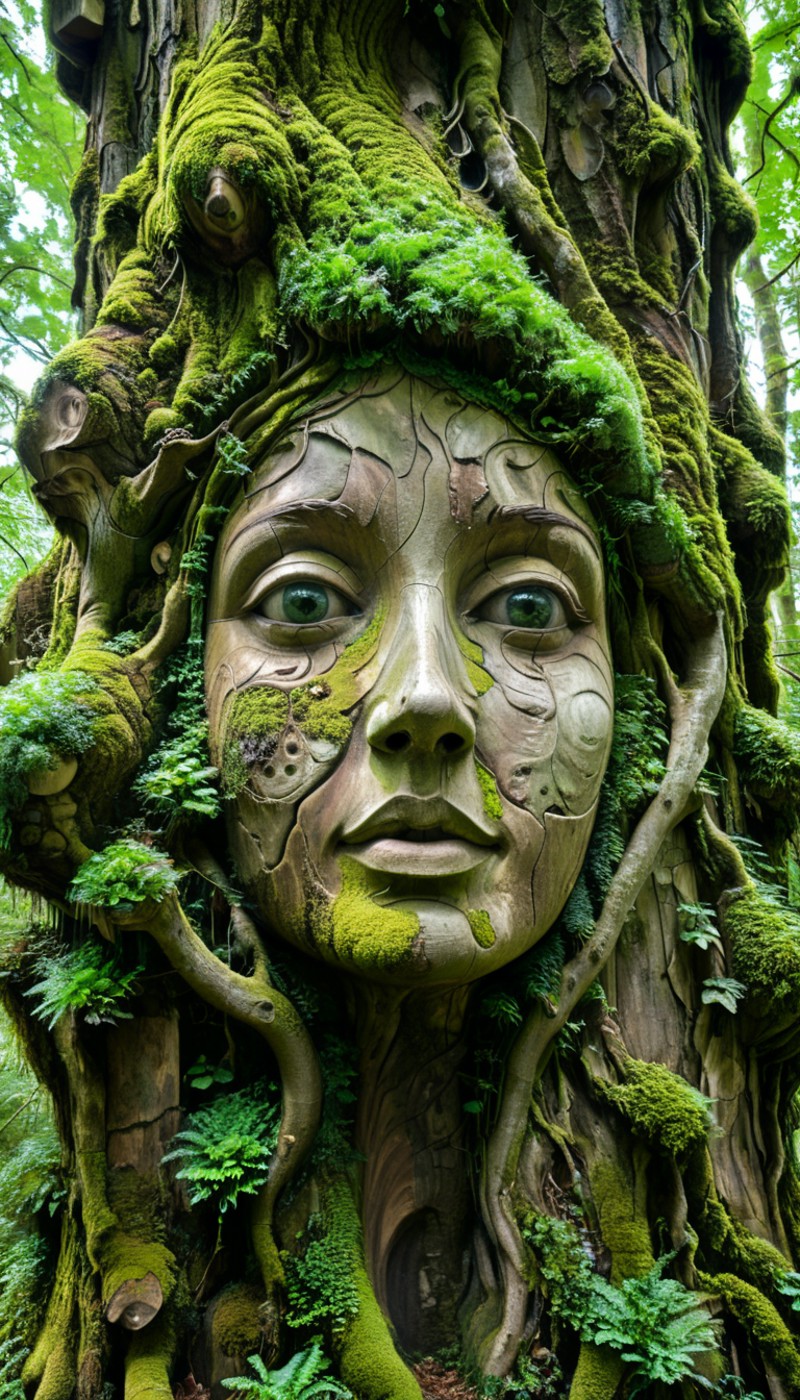 The image features a tree with a woman's face carved into it. The tree trunk has a woman's face on one side. The woman's f...