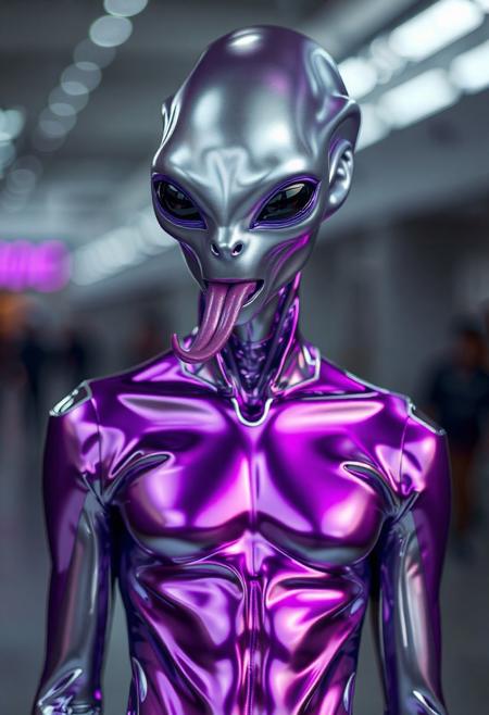 abstract male alien model in latex shiny full body outfit  avant-garde style with reflective chrome silver and purple bold Color Scheme   He has a small nose and slim mouth with a long tongue