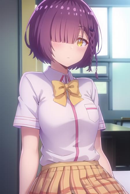 ayanofujimoto, <lora:ayano fujimoto s1-lora-nochekaiser:1>,
ayano fujimoto, short hair, hair ornament, (yellow eyes:1.3), purple hair, braid, (hair over one eye:1.5),
BREAK skirt, shirt, bow, school uniform, white shirt, short sleeves, pleated skirt, shoes, socks, bowtie, plaid, plaid skirt, brown footwear, black socks, loafers, pink skirt,
BREAK indoors, classroom,
BREAK looking at viewer,
BREAK <lyco:GoodHands-beta2:1>, (masterpiece:1.2), best quality, high resolution, unity 8k wallpaper, (illustration:0.8), (beautiful detailed eyes:1.6), extremely detailed face, perfect lighting, extremely detailed CG, (perfect hands, perfect anatomy),