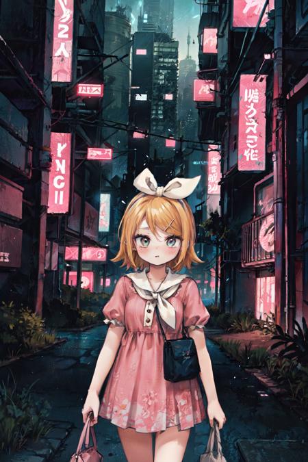 kagamine len, pink dress, cute, pleated dress, blush, 
detailed scenery, mega buildings, cyberpunk dystopia