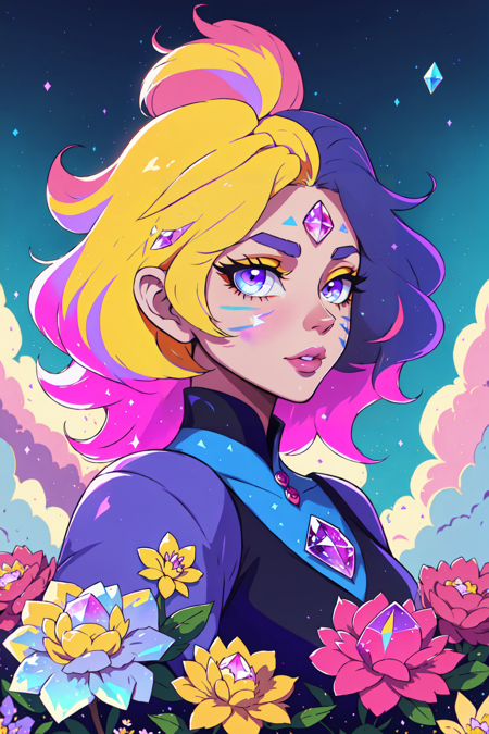 <lora:Su_Inspo:0.8> 1girl, blonde hair, cloud, colored skin, crystal, short hair, purple skin, facepaint, hair flower, lips, long hair, looking at viewer, multicolored hair, pink hair, blue and yellow theme, outdoors, solo, upper body, Steven Universe