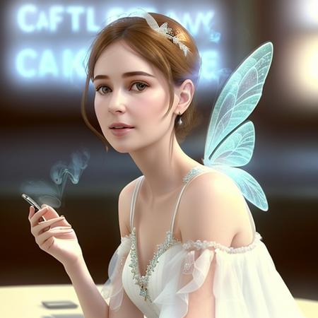 a beautiful fairy with delicate wings and a white dress sitting in a cafe with a cigarette in her hand and a phone in her other hand, smoking, smoke, holding_cigarette, holding_phone, depth of field, bokeh, blowing smoke