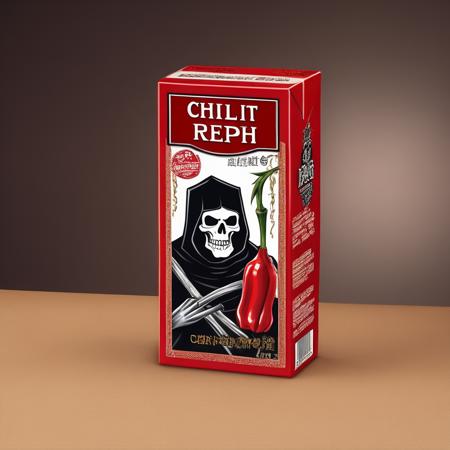 <lora:boxdrinks:0.75> ,packdrinks,A paper box of chili beverage featuring a Grim Reaper graphic on the packaging. The box is placed on a rustic wooden table. The medium is photography, with a hyper-realistic style that emphasizes the vibrant colors and intricate details of the Grim Reaper design. The lighting is soft and warm, coming from an overhead source to highlight the box and its unique design. The colors are rich and saturated, focusing on the reds of the chili and the dark hues of the Grim Reaper. The composition is shot with a high-resolution camera, using a macro lens to capture the fine details. The scene is framed to include the box prominently in the center, with a blurred background to draw focus to the subject