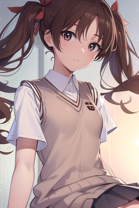 kurokoshirai, <lora:kurokoshirai-lora-nochekaiser:1>,
kuroko shirai, brown hair, long hair, (parted bangs:1.5), (brown eyes:1.7), ringlets, twintails, hair bow, bow, red bow, (small breasts:1.2),
BREAK armband, black skirt, collared shirt, dress shirt, pleated skirt, safety pin, school uniform, shirt, short sleeves, skirt, summer uniform, sweater vest, tokiwadai school uniform, twintails, white shirt, (brown sweater vest:1.5),
BREAK looking at viewer, upper body, fully body,
BREAK indoors, classroom,
BREAK <lyco:GoodHands-beta2:1>, (masterpiece:1.2), best quality, high resolution, unity 8k wallpaper, (illustration:0.8), (beautiful detailed eyes:1.6), extremely detailed face, perfect lighting, extremely detailed CG, (perfect hands, perfect anatomy),