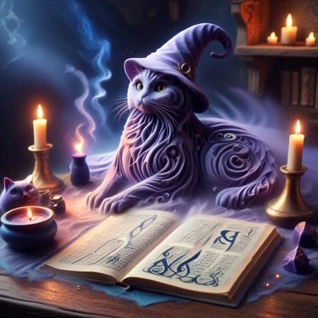 (GrubCat),  (sandswirl), (close-up shot), (cat sitting on a cluttered wizard’s desk), (wearing a slightly oversized wizard hat), (mystical artifacts scattered around), (glowing runes on parchment), (open spellbook with arcane symbols), (floating candles casting eerie light), (bubbling potion in glass flask), (faint magical aura in the air), (mystical blue and purple lighting), (dusty, ancient tomes stacked nearby), (soft shadows and warm candle glow), (smoke swirling from a tiny cauldron), (enchanted atmosphere), (whimsical, magical setting).