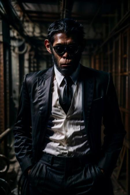 (analog photo) of a (gangster chimp) wearing a black suit with a white shirt and black tie and wearing black Rayban style sunglasses, serious face,  (hands in pockets, confident posture,) masterpiece, Fine art photography, award winning photography