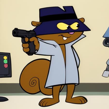 ssssq, squirrel, spy hat, trench coat, 1boy, hand in pocket, brown fur, pink oval nose, eyes visible through hat, short legs, slim body, SSSSQS, squirrel, bucktooth, skirt, badge sash, beret, oval pink nose,