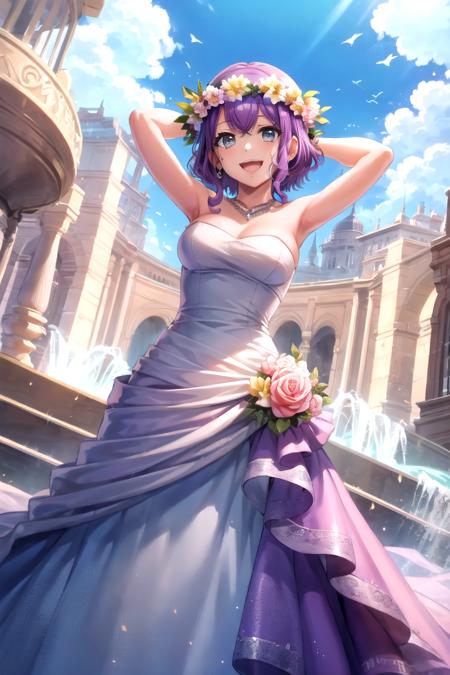 <lora:SaoriHidaka-10:0.9>,d4saori, looking at viewer, smile, open mouth, hair ornament, dress, jewelry, flower, outdoors, sky, day, hair flower, water, necklace, arms up, blue sky, grey eyes, strapless, pink dress, strapless dress, stairs, wedding dress, head wreath, fountain