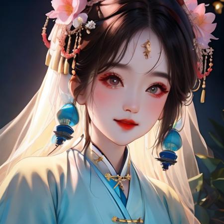 best quality, masterpiece, highres, 1girl,blush,(seductive smile:0.8),star-shaped pupils,china hanfu,hair ornament,necklace, jewelry,Beautiful face,upon_body, tyndall effect,photorealistic, dark studio, rim lighting, two tone lighting,(high detailed skin:1.2), 8k uhd, dslr, soft lighting, high quality, volumetric lighting, candid, Photograph, high resolution, 4k, 8k, Bokeh
 <lora:gufeng:1>