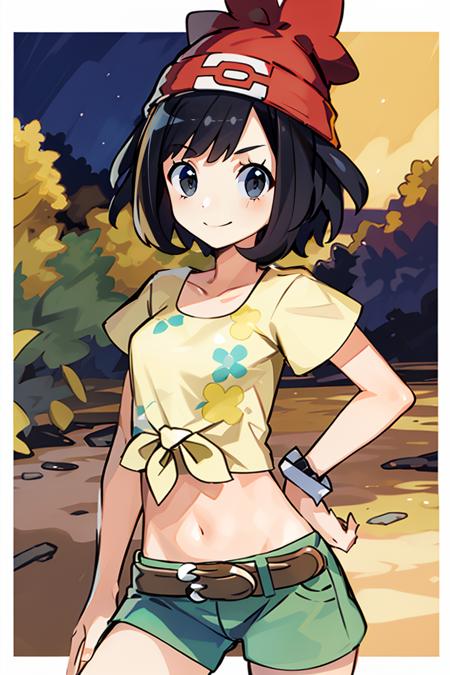 ((masterpiece,best quality)), absurdres,  <lora:selene_(pokemon)_v1:0.7>,  selene \(pokemon\), solo, grey eyes, black hair, green shorts, red headwear, beanie, shirt, tied shirt, floral print, short hair, short sleeves, short shorts, striped, yellow shirt, belt, midriff,  solo, smiling, looking at viewer, cowboy shot,  cinematic composition, contrapposto,