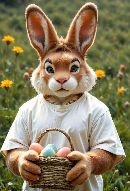 animanflux. Facing the viewer. A high-quality realistic photo of a cute and friendly-looking anthropomorphic Easter Bunny dressed in an untucked plain white, cotton, crewneck t-shirt. It holds a thicker basket full of coloured eggs. Luscious green spring countryside in the background.