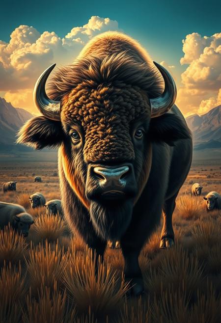 Intense dramatic lighting. Adorable, charming Bison in a surreal landscape.  American regionalism and contemporary surrealism styles blend. Dreamlike atmosphere, bizarre juxtapositions, streamlined composition, high contrast, masterful shadows, idealized reality.