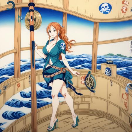 painting of Nami from One Piece on a (Pirate ship:1.7) on a river, hokusai style