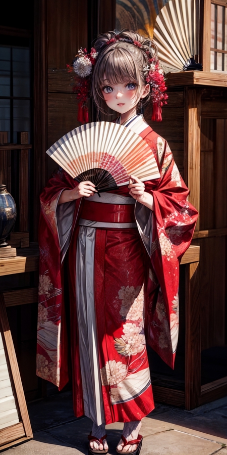sensu pose,folding fan,1girl,kimono china dress