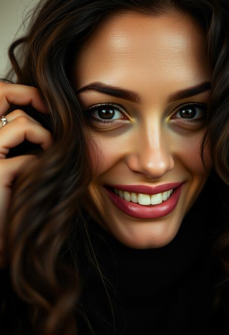 macro close-up shot of a cute  women smiling (combing her hair with her hands:1.2) looking at viewerseductively, luxurious looking turtleneck, extremely long curly hair, seductiveconfident, skin pores, imperfections, natural, beautiful eyes, dark skin, black skin, (big hair), perfect teeth, (freckles:1.2), velus hairs, 100mm f/2.8 macro lens,, film grain, candid camera, color graded cinematic, 1960s vintage RAW photo, eye catchlights, catchlights in eyes, dramatic lighting, atmospheric lighting, rembrandt lighting,