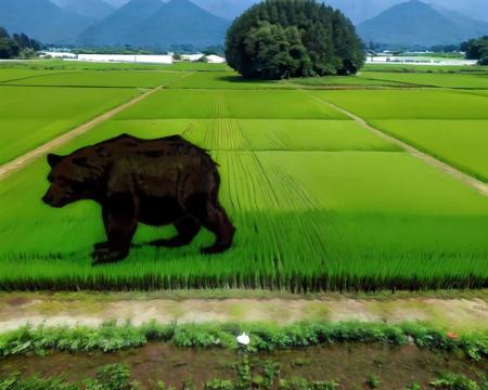 outdoors, (rice_paddy_art:1), field, scenery, landscape, nature, crossover, day, fence, grass, green skin, green theme, house, nature, path, river, ruins, sky,<lora:rice_paddy_art:0.7>,bear,