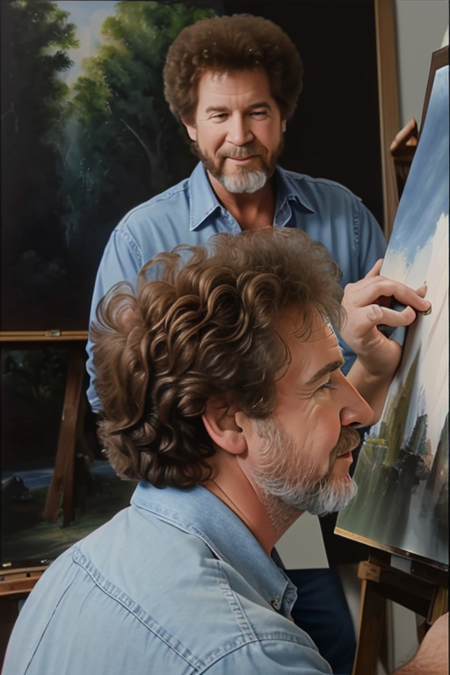 realistic Photography of a man (bobross:0.9) painting a picture, masterpiece, best quality, 4k, studio light, soft ton