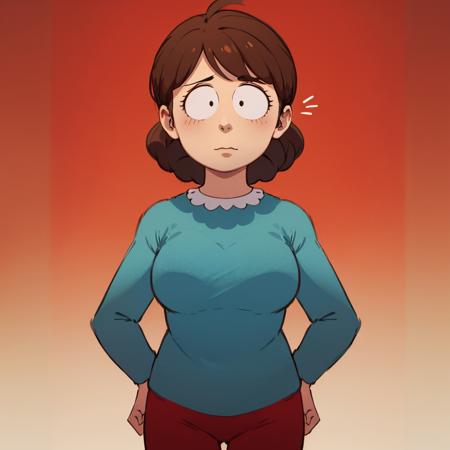 1girl,  solo, Liane Cartman, brown hair, shirt, long sleeves,  blue shirt, mature female, red pants,