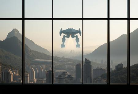 view through a panorama window wall, overlooking the edge of a modern city against a hillside landscape with a mountain peak on either side, 
between the mountains on the hazy horizon emerges an omnious mecha reminiscent of the jaeger model from the movie pacific rim, the mecha fires its laser cannon into the distance