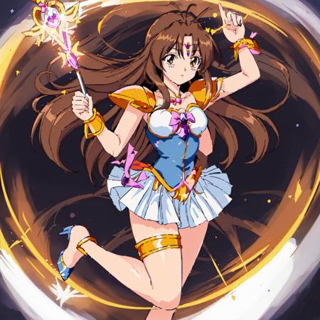 Yuri_Tanima, 1girl, solo, long hair,brown hair, jewelry, pleated skirt, miniskirt, armor, high heels, bracelet, magical girl, white skirt, shoulder armor, pauldrons, thighlet