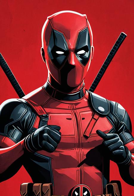 Style (Comic book:1.2), close-up shot of (Deadpool:1.3) making a heart with his hands, red and black costume, intense and mischievous expression, holding a gun, vibrant colors, dynamic lighting, mood playful yet intense, background white with comic-style text, texture detailed costume and rugged fabric, high resolution image Minimalist vector illustration, futuristic, sharp angular designs, bold red background, intense expression, modern urban style, clean lines, high contrast between black, white, and red, sleek futuristic aesthetics.