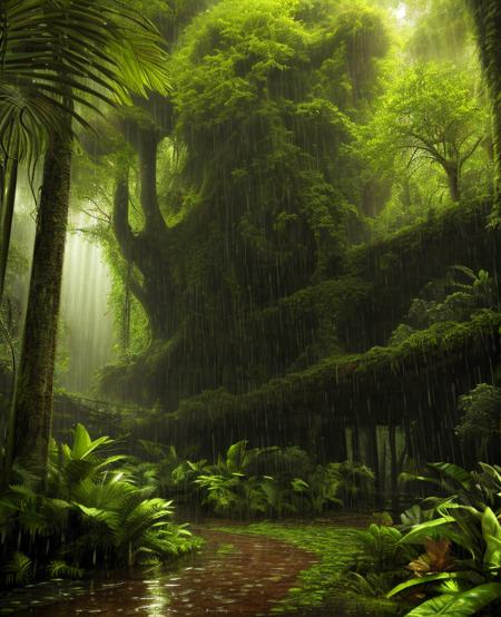 A jungle, with intense rainfall, monochromatic, vines all around, giant and wet trees, masterpiece, best quality, high quality, extremely detailed CG unity 8k wallpaper, oil paiting, award winning photography, Bokeh, Depth of Field, HDR, bloom, Chromatic Aberration ,Photorealistic,extremely detailed, trending on artstation, trending on CGsociety, Intricate, High Detail, dramatic, art by midjourney, volumetric lighting